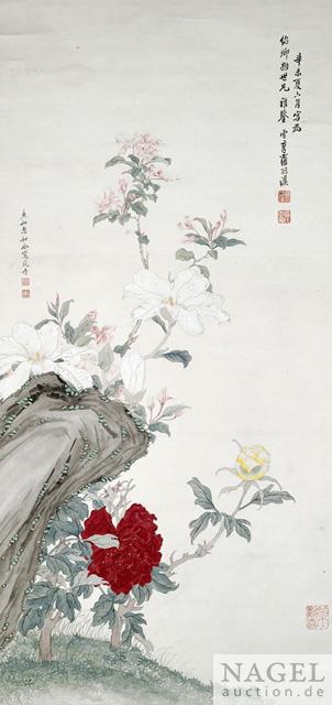 Lilien und Päonien Neben Gartenfelsen by 
																	 Luo Chaohan
