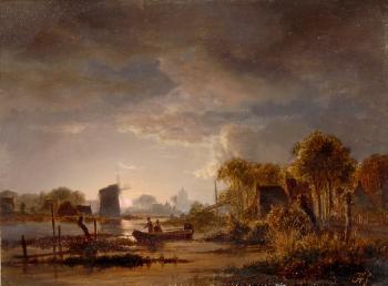 Flusslandschaft mit Windmühle bei aufgehendem Vollmond by 
																	Jacobus Theodorus Abels