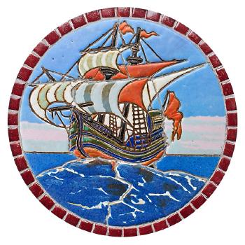 Rare large ship tile by 
																	 Mueller Mosaic Co