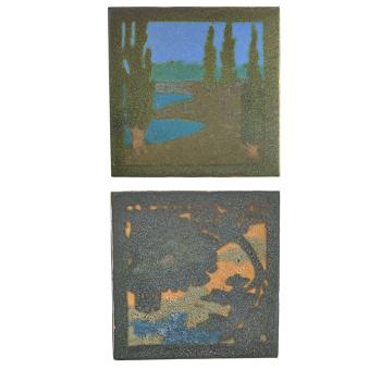 Two scenic tiles by 
																	 Walrath Pottery