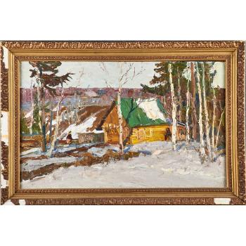 Wooded winter landscape with yellow cottage by 
																	Andrei Ovcharov
