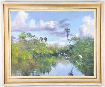 Wetlands with flamingos by 
																			Sam Vinikoff
