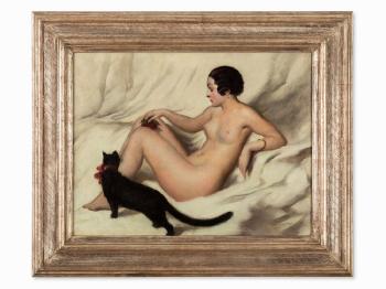 Female Nude with Cat by 
																			Karoly Teuchert