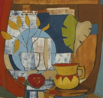 Still life with jug and pot plants by 
																	Arthur Cantrell