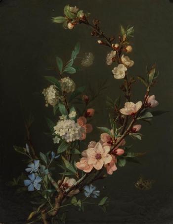 Still life with flowering branches and butterfly by 
																	Jean Baptiste Gallet