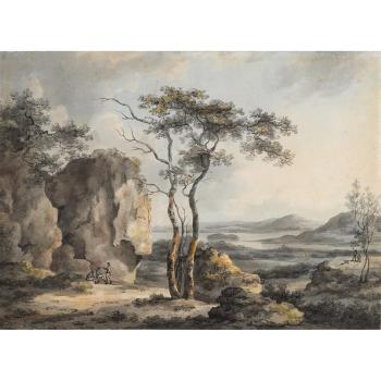 Irish landscape with figures by 
																	William Pars