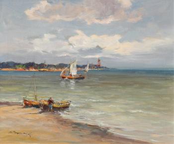 Coastal scene with a fisherman tending to his boats by 
																			Eugeniusz Dzierzencki