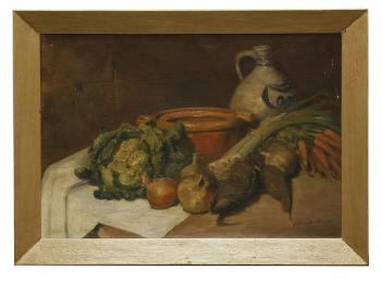 Still life of vegetables and pots on a table by 
																			Stef Van Oudheusden