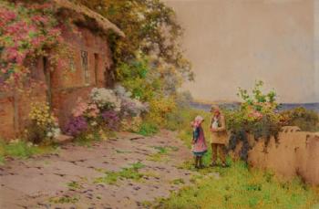 The Children with a Rabbit Outside a Cottage by the Sea. Taking out the Washing by 
																			Arthur Claude Strachan