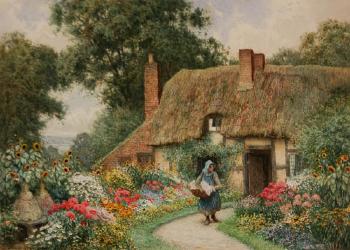 The Children with a Rabbit Outside a Cottage by the Sea. Taking out the Washing by 
																			Arthur Claude Strachan