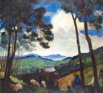 Shepherd and flock in an extensive landscape by 
																	Karl Hachez