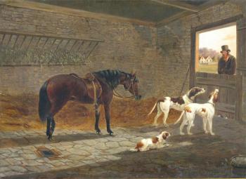 Horse and dogs in a stable by 
																	B Dayrell
