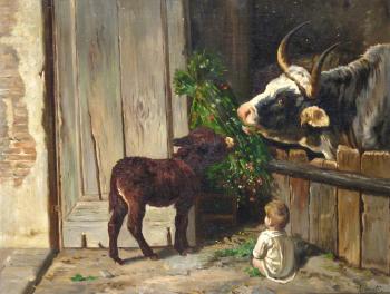 Barn interiors with cattle, bull, donkey and child by 
																			Valerico Laccetti