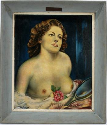 Portrait of a topless woman with rose and lace by 
																			Teofilo Magliocchi
