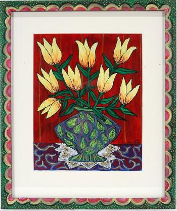 Yellow tulips on table top by 
																	Sarah Rakes