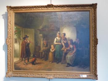 Interior scene with a family watering a piper and his dog by 
																			Jan Jac Matthys Damschroeder
