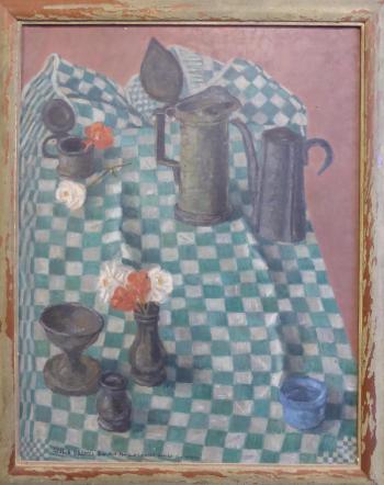 Still life of pewter on checkered tablecloth by 
																	Guilio Bagnoli