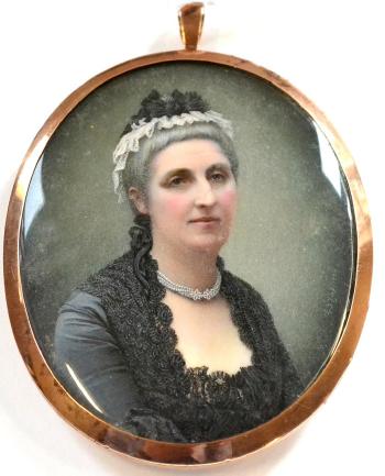 Lady wearing a pearl choker and black lace headdress and dress by 
																	George Frederick Zink