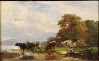 Cattle Watering. Haycart by 
																			Albert Jurardus van Prooyen