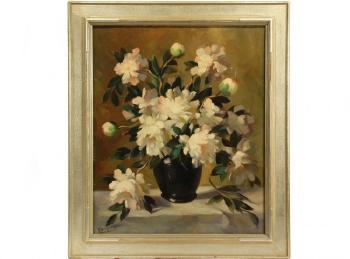 Still Life of Peonies in a Cobalt Vase by 
																			Maurice Compris