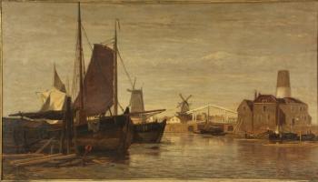 Dutch Harbor with Lift Bridge and Windmills by 
																			Charles Thorneley