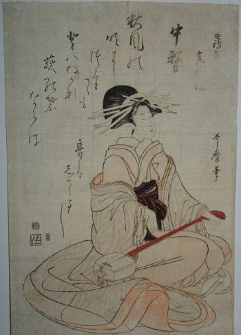Jeune femme jouant du shamisen by 
																	 Utamaro