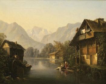 Les lavandières au bord de l’Aar dans les Alpes suisses by 
																	Isidore Dagnan