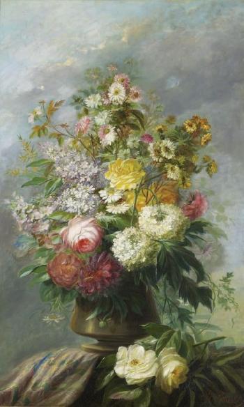 Vase de fleurs sur un entablement by 
																	Virgile d'Hautel