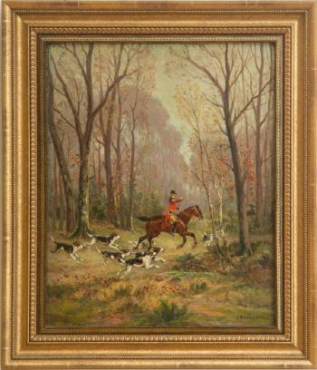 A halt in the woods; A stag hunt by 
																			James Desvarreux-Larpenteur