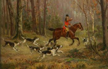 A halt in the woods; A stag hunt by 
																			James Desvarreux-Larpenteur