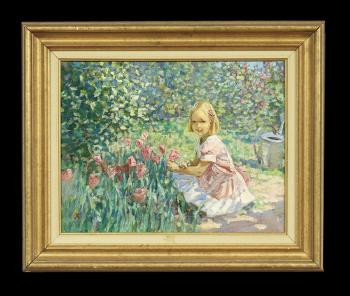 Young Girl with Pink Tulips by 
																			Alexander Tioutrine