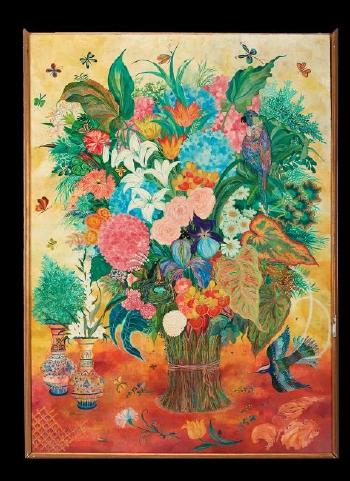 Abundant still life with flowers, exotic birds and butterflies by 
																			Friedrich Berzeviczy-Pallavicini