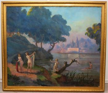 Women bathing with a villa in the background by 
																	Francis Rauze