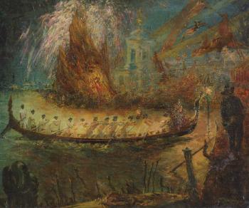 Venice festival with bonfire, boats and flags by 
																	Joseph Williams Topham Vinall