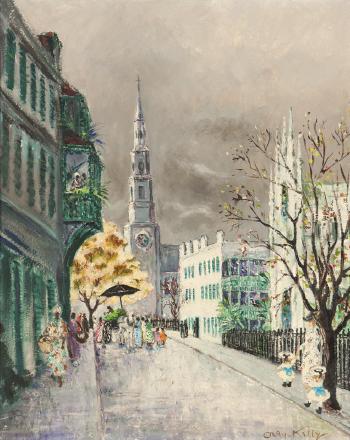 Street vendor with view of a church by 
																			George Orry-Kelly