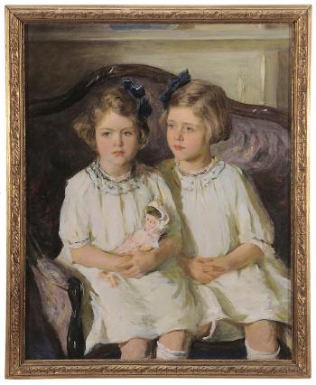 Sisters, seated on a settee, one holding a doll by 
																			Isaac Henry Caliga