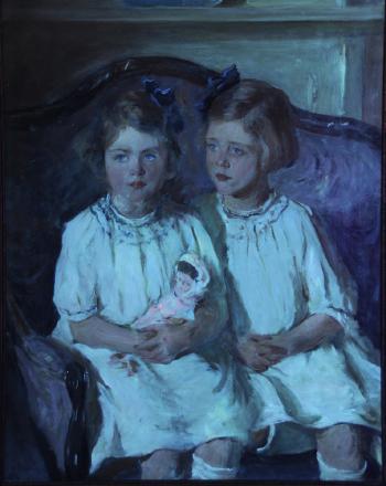 Sisters, seated on a settee, one holding a doll by 
																			Isaac Henry Caliga