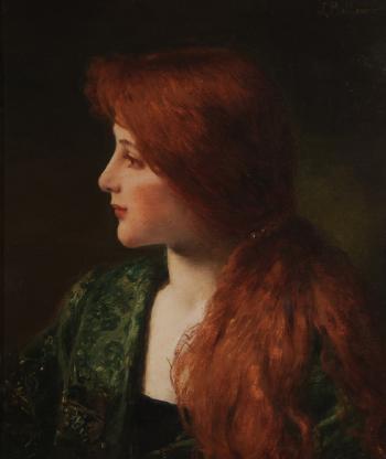 Portrait of a Woman with Red Hair and Wearing an Emerald Robe by 
																			Jules Frederic Ballavoine