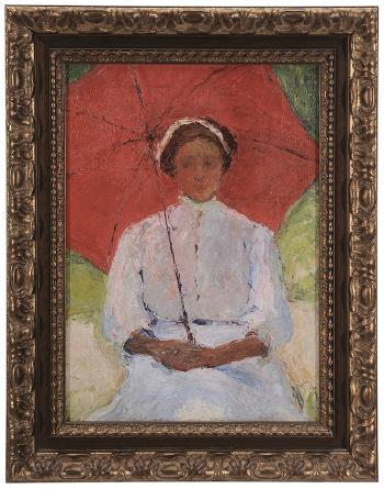 Young woman with red umbrella by 
																			Adelaide Mahan