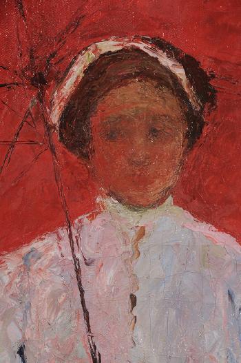 Young woman with red umbrella by 
																			Adelaide Mahan