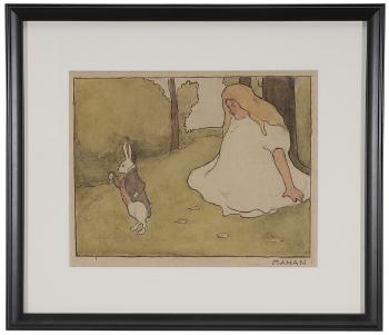 Duchess holding a baby; Alice under a tree; The rabbit holding his pocket watch; Alice chasing the rabbit through a tunnel by 
																			Adelaide Mahan