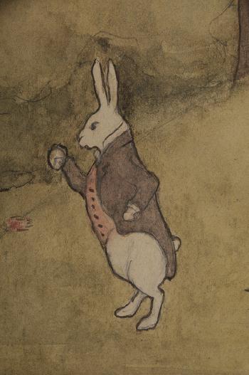 Duchess holding a baby; Alice under a tree; The rabbit holding his pocket watch; Alice chasing the rabbit through a tunnel by 
																			Adelaide Mahan