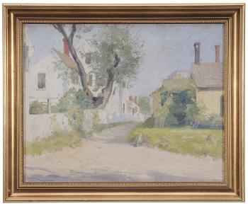 Village street with white fence by 
																			Adelaide Mahan