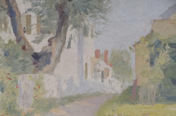 Village street with white fence by 
																			Adelaide Mahan