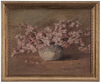 Cherry blossoms in a blue and white china bowl by 
																			Adelaide Mahan