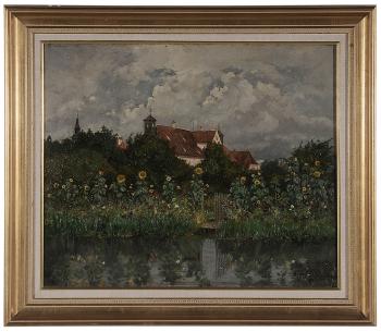 Town and garden with sunflowers by a pond by 
																			Robert Raudner