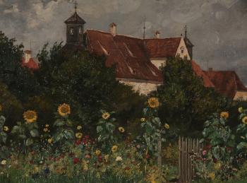 Town and garden with sunflowers by a pond by 
																			Robert Raudner