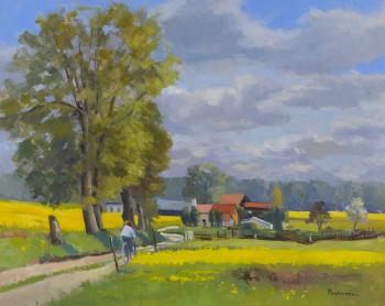 Country landscape with farmhouse by 
																			Annie Puybareau