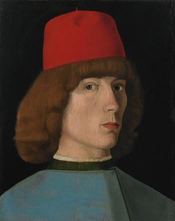 Portrait of a young man, bust length, in a red cap by 
																	Jacopo da Valenza