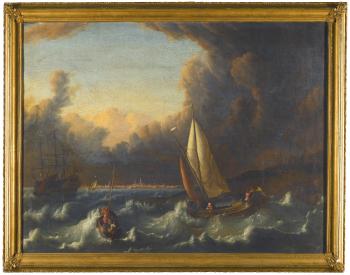 A Storm off Hoorn with A Wijdschip, A Pink with Lowered Sail, A Smalschip Tacking, and A-man-of-war At Anchor Beyond by 
																	Jacobus Olibeck